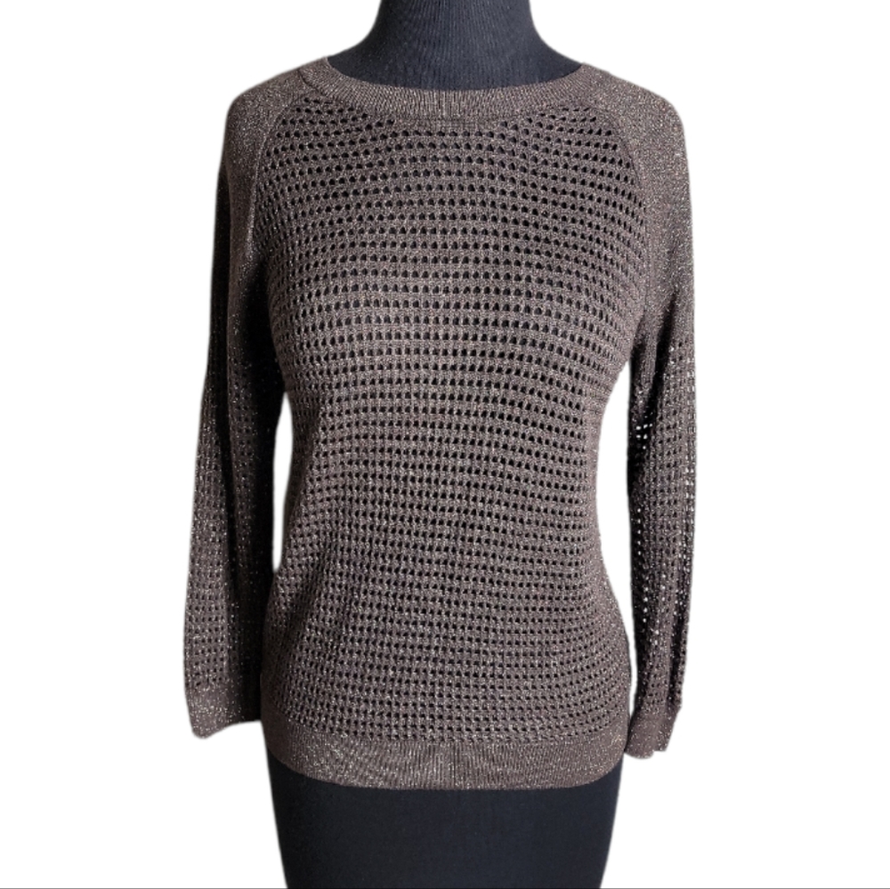 Express shimmer open knit metallic sweater brown gold long sleeve small petite